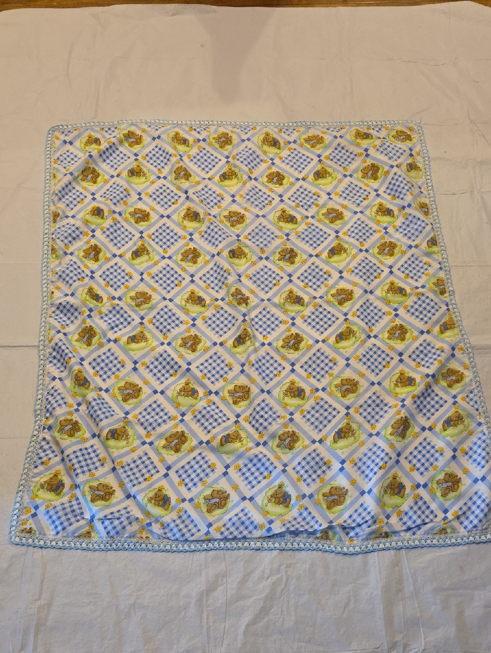 Handmade Cotton Baby Blanket Blue‎ Yellow Teddy Bears Crocheted Trim 41"x36.5"